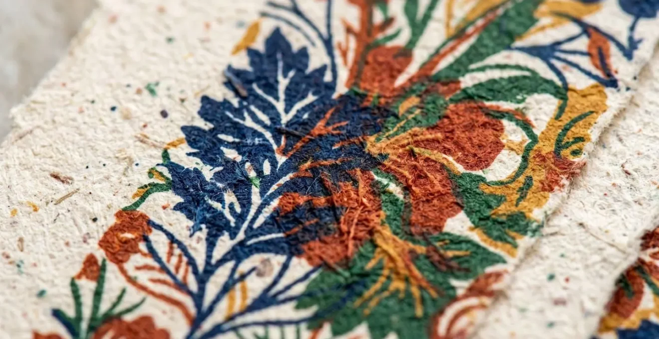Détail macro d'une impression avec des encres végétales montrant la richesse et la saturation des couleurs sur du papier recyclé.