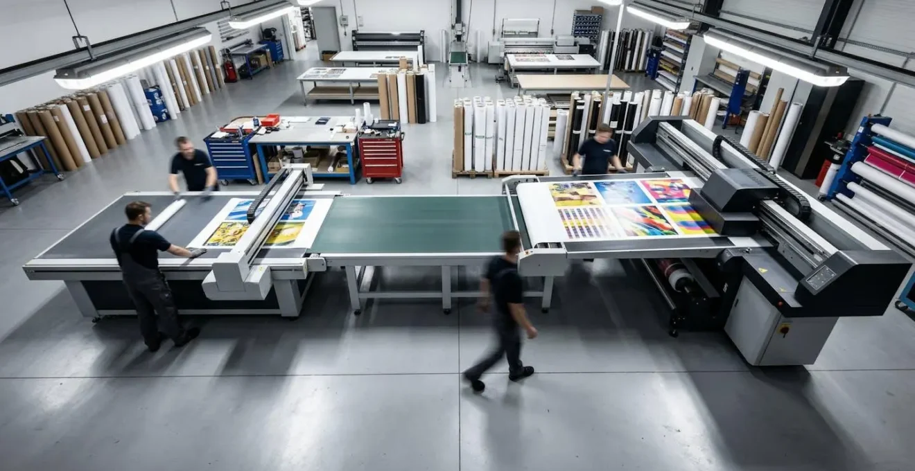 Vue d'ensemble d'une ligne de production continue avec impression UV LED et découpe automatisée sans interruption