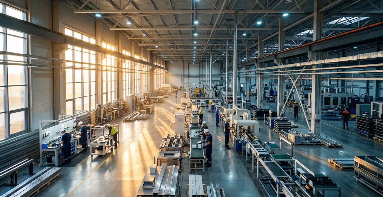 Atelier industriel baigné par une lumière naturelle dorée traversant de grandes verrières