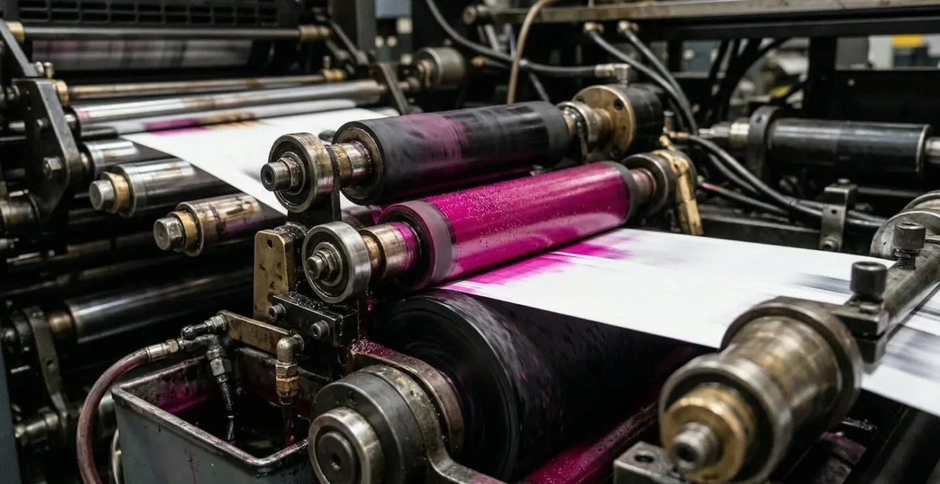 Gros plan macro sur le mécanisme d'une presse numérique industrielle en action, montrant les rouleaux et systèmes d'encrage sans texte visible