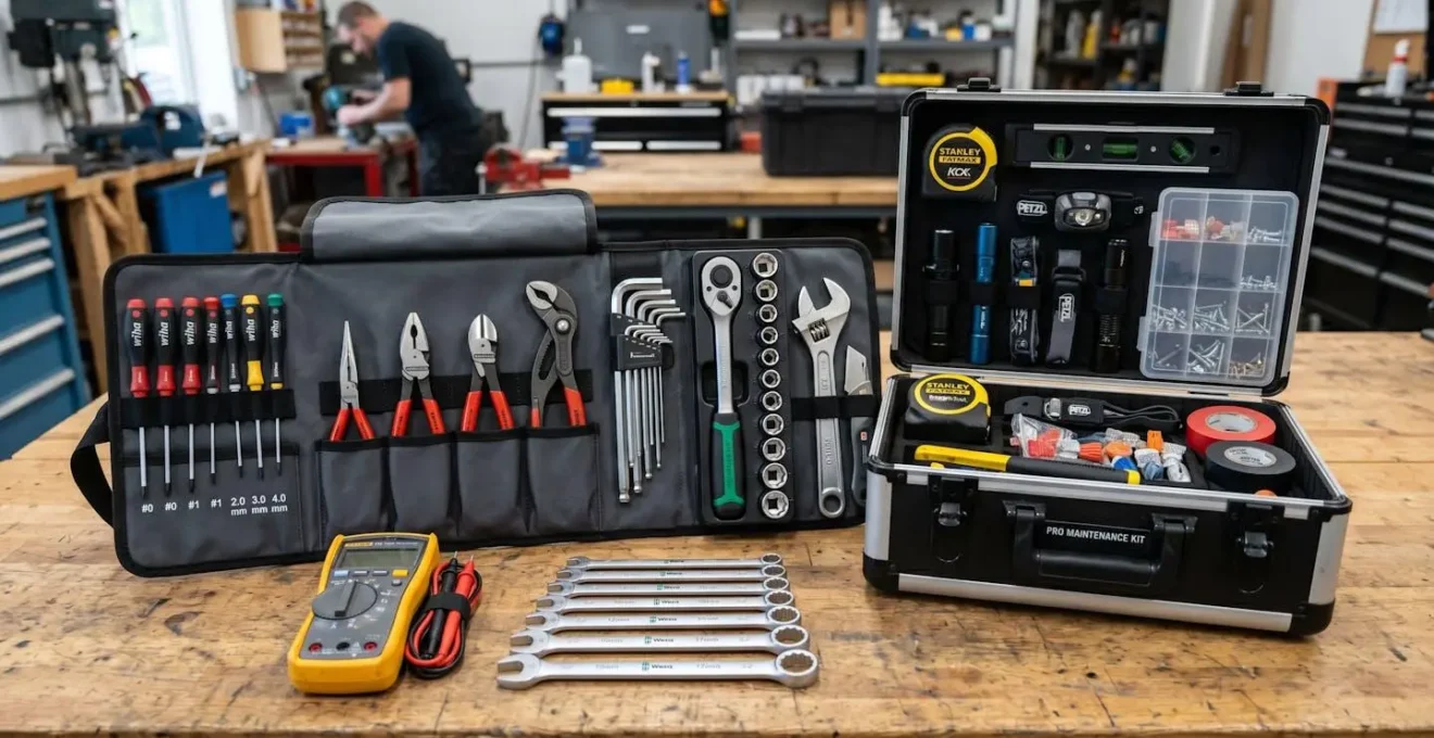 Kit de maintenance professionnel avec outils essentiels disposés méthodiquement