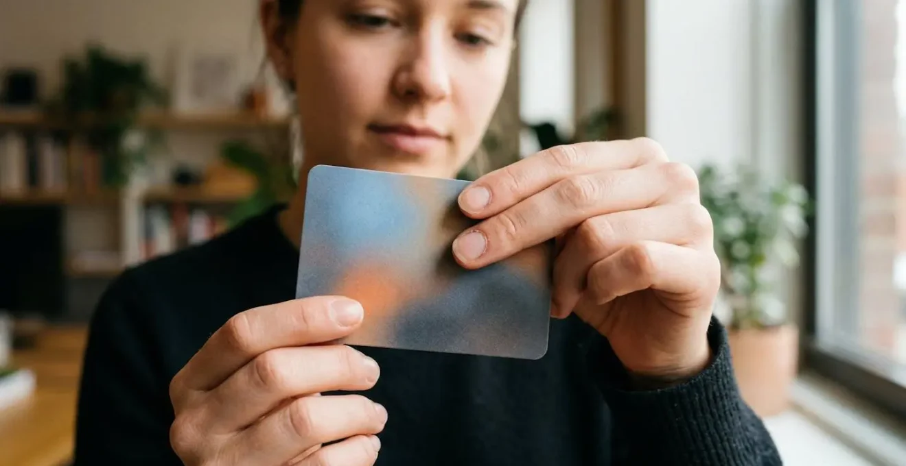 Doigts effleurant délicatement une carte de visite avec pelliculage soft touch