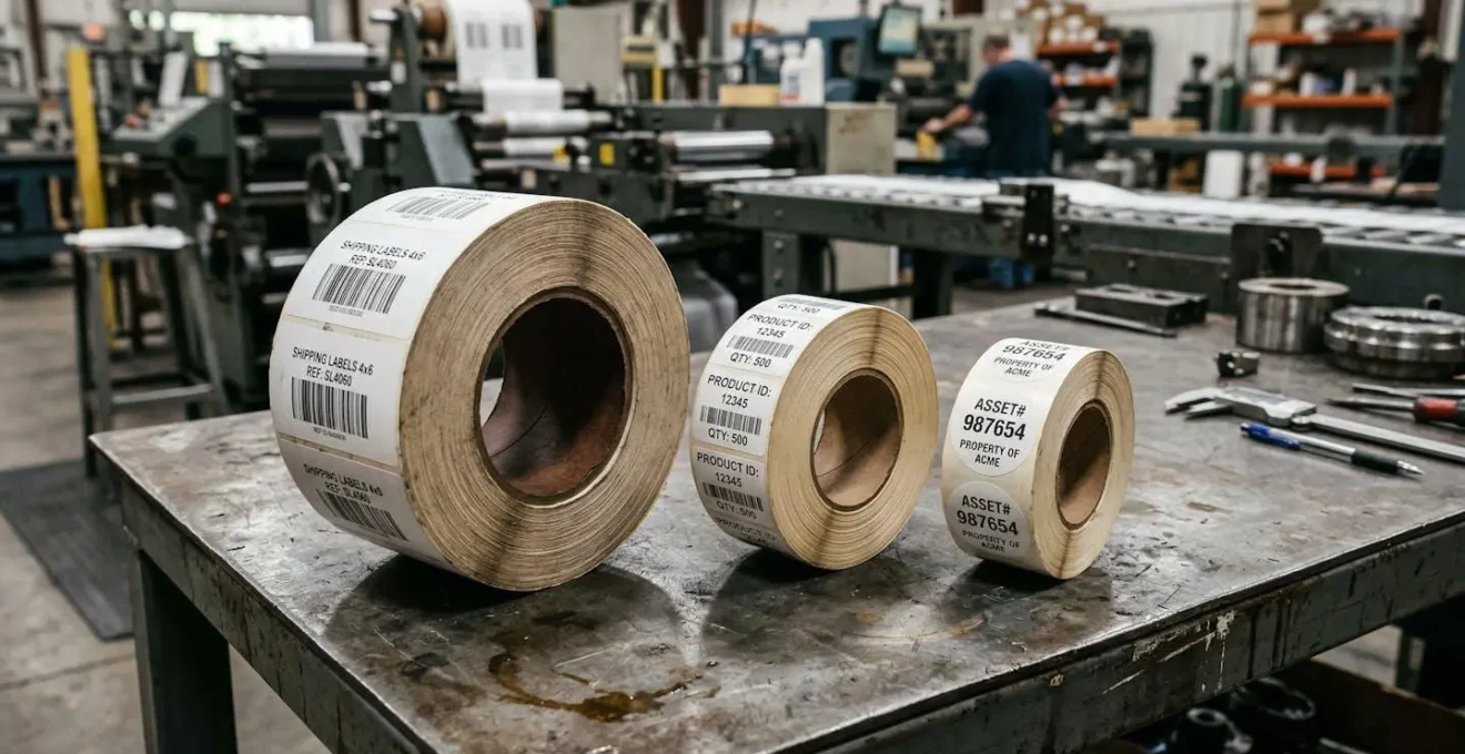Trois rouleaux d'étiquettes avec mandrins de différents diamètres posés sur une surface industrielle