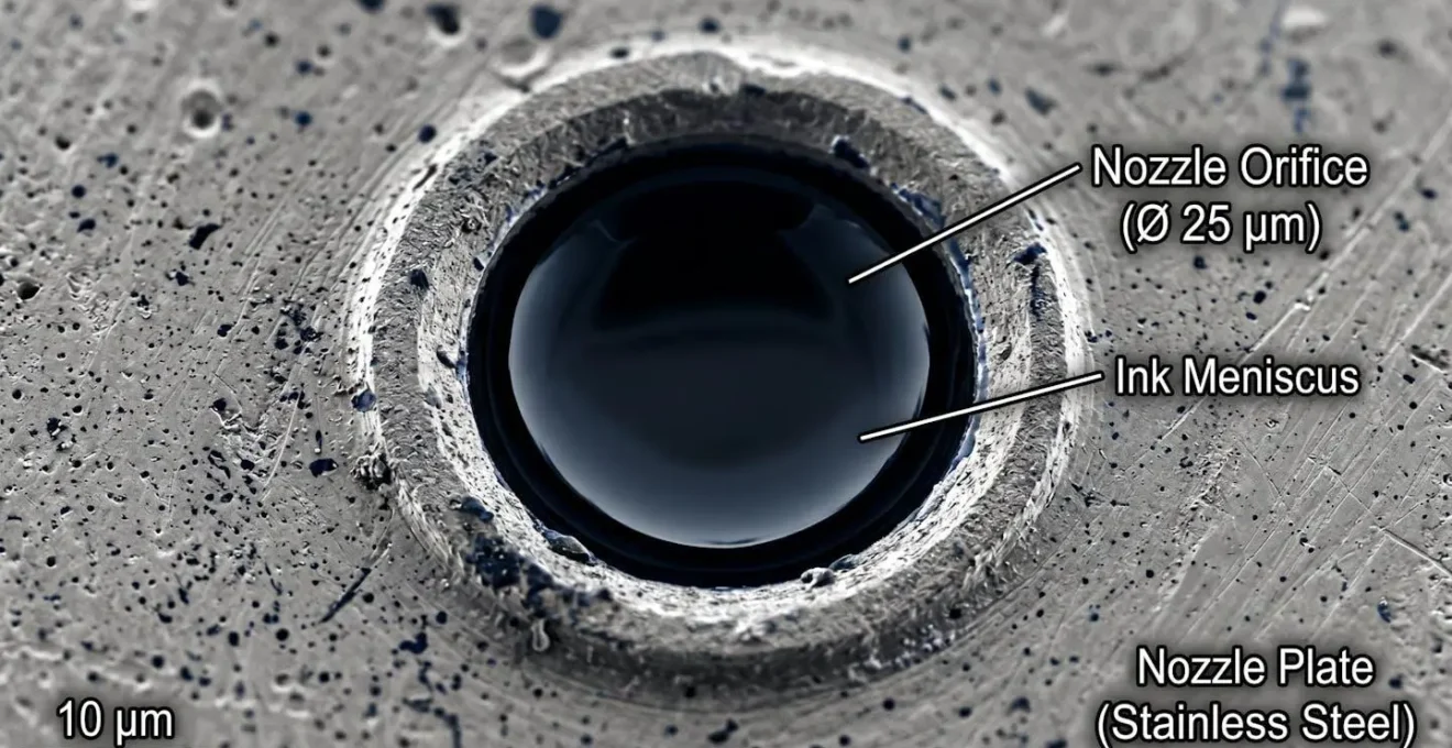 Vue microscopique du ménisque d'encre à la surface d'une buse d'impression