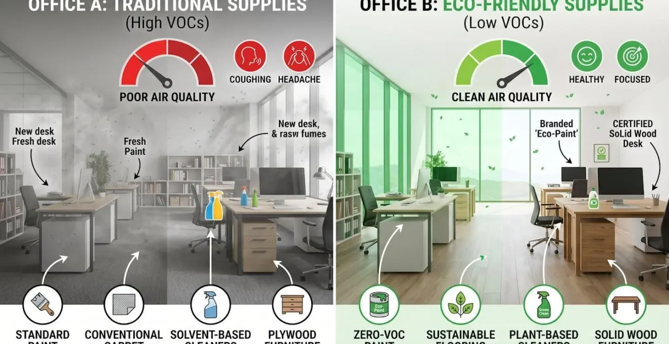 Comparaison visuelle de la qualité de l'air dans deux espaces de bureau avec et sans fournitures écologiques à faibles émissions de COV.