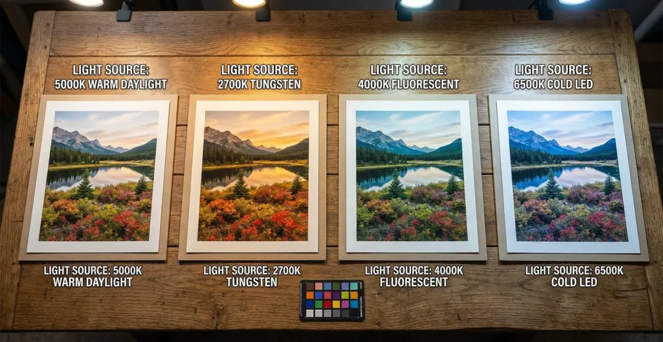 Échantillon d'impression photographié sous différentes sources lumineuses montrant les variations de couleur