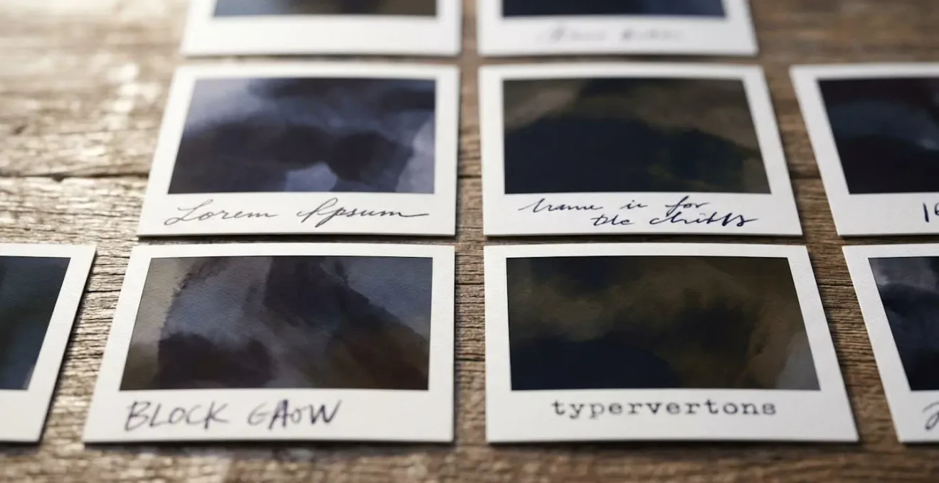 Gros plan sur des tirages polaroid avec légendes manuscrites élégantes posés sur une table en bois