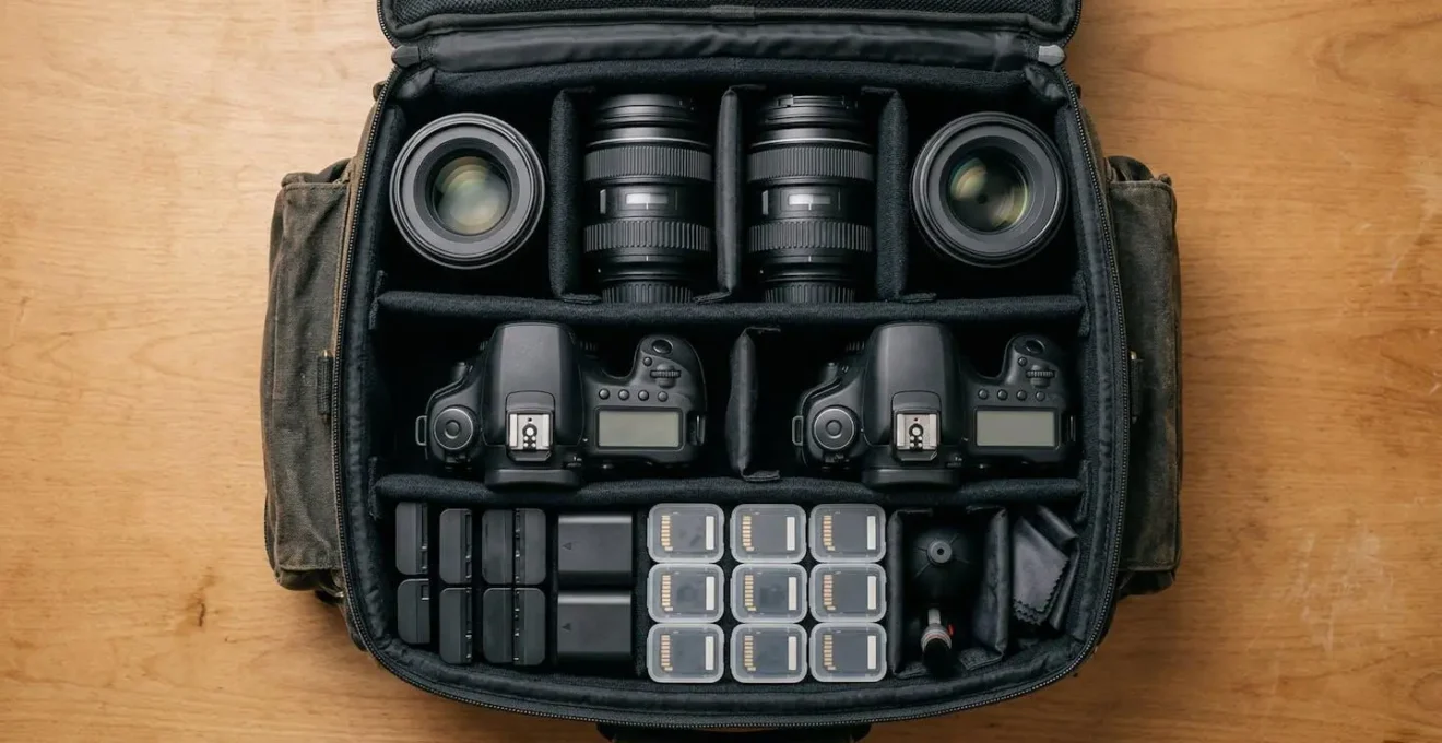 Sac de photographe professionnel ouvert montrant plusieurs boîtiers et équipements de secours organisés méticuleusement