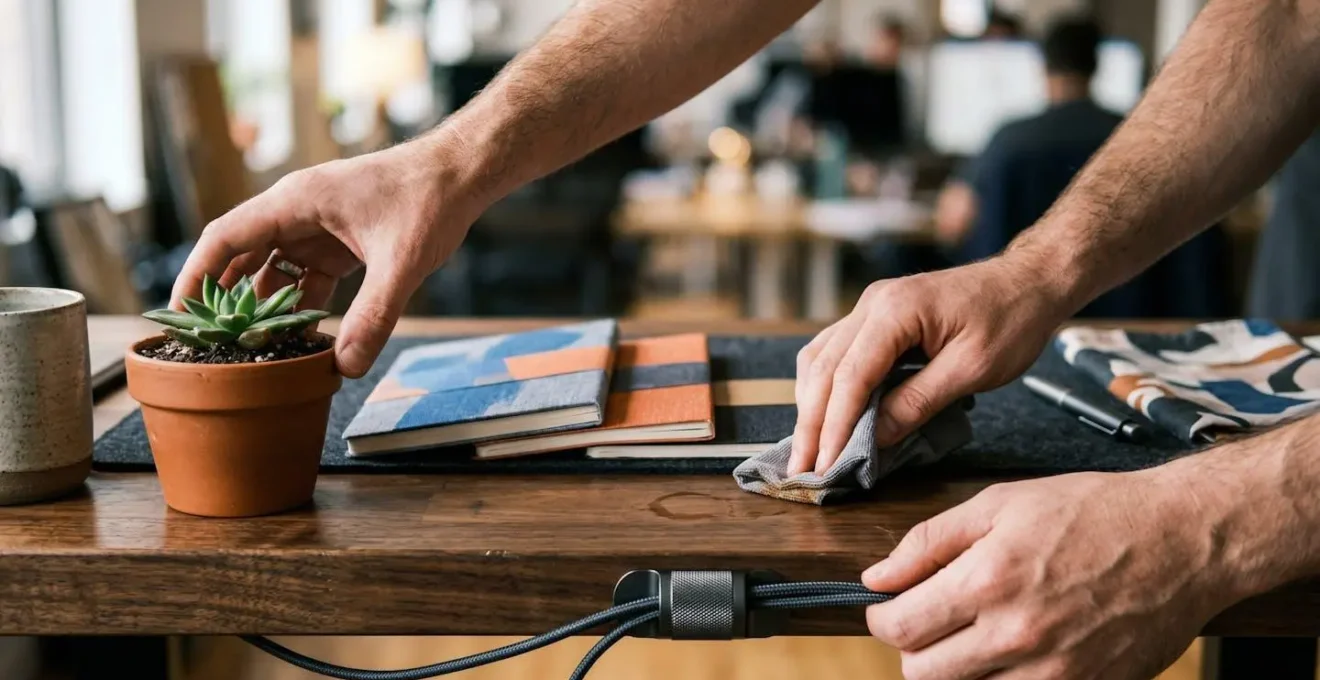 Gros plan sur des mains organisant méticuleusement un bureau avant un shooting photo professionnel