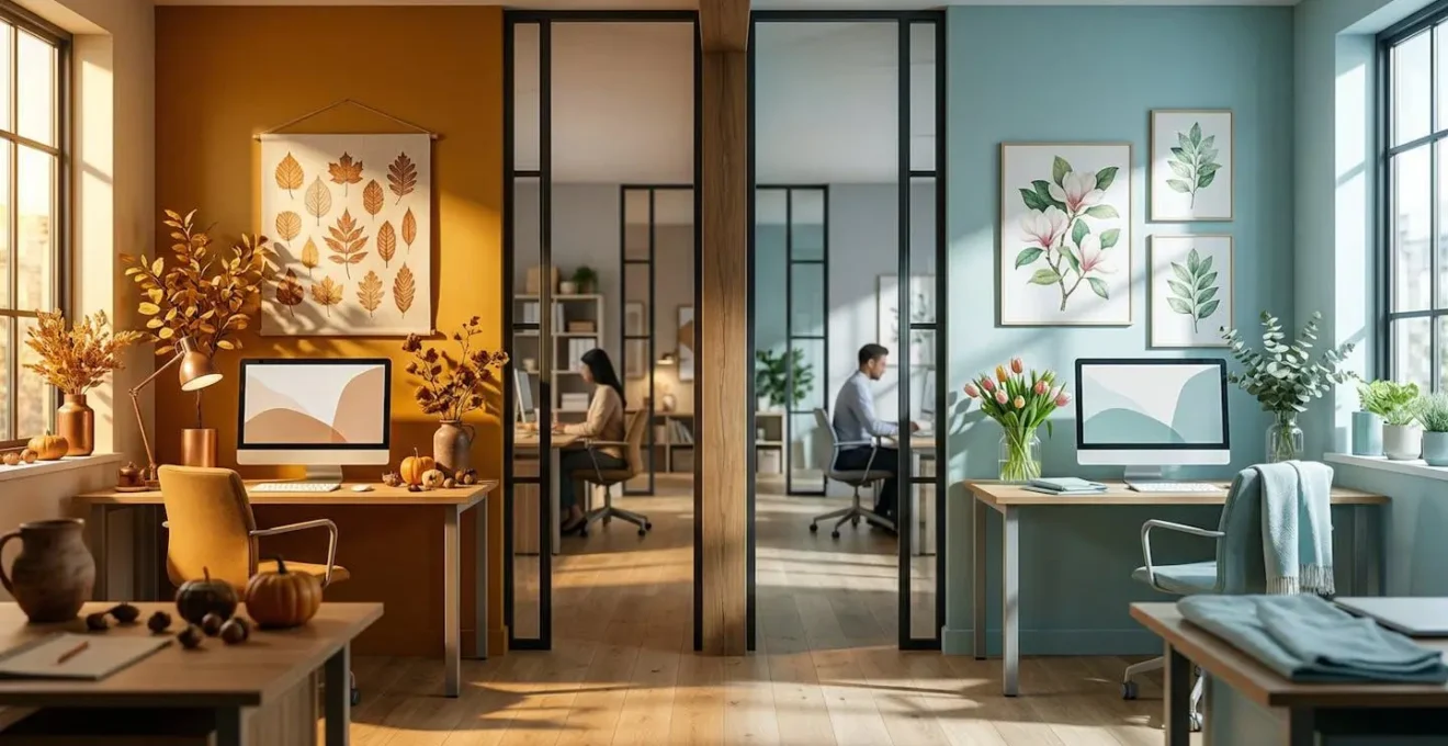 Mur de bureau montrant une transition visuelle entre décors saisonniers
