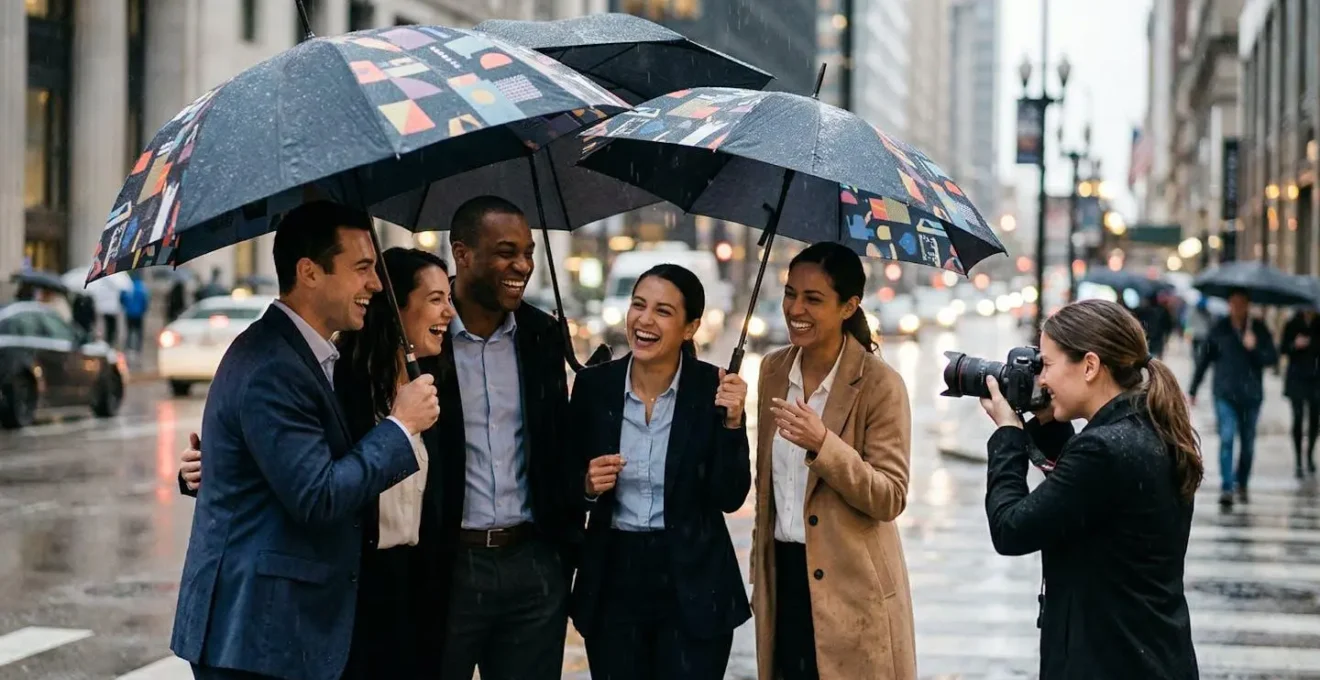 Scène de shooting photo d'entreprise créatif sous la pluie avec parapluies colorés