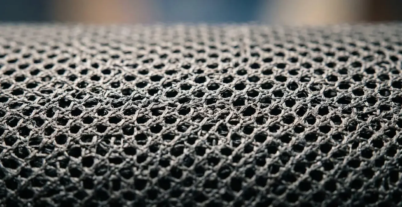Détail macro d'une bâche mesh montrant la structure micro-perforée