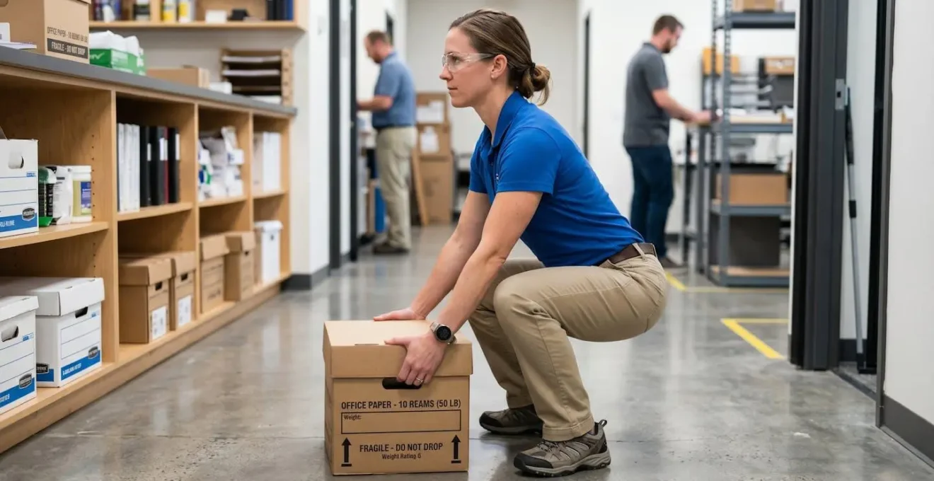 Démonstration de la technique ergonomique pour soulever un carton de papier en position accroupie