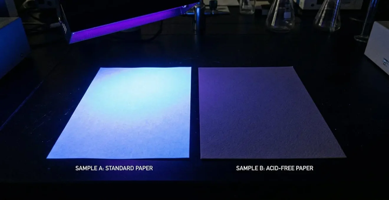 Deux échantillons de papier photographiés sous lumière UV montrant la différence de fluorescence