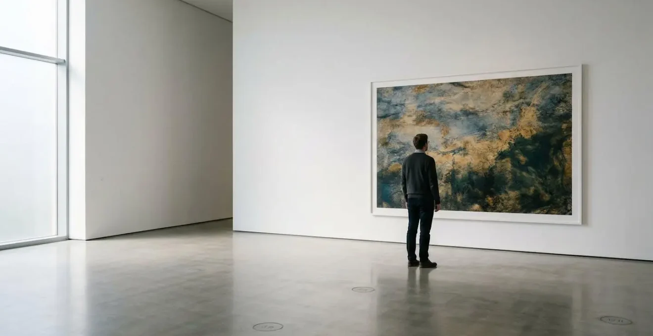 Personne observant une impression photographique grand format à différentes distances dans un espace d'exposition minimaliste