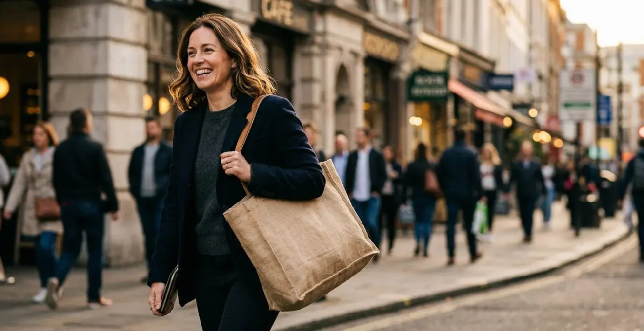 Personne portant un tote bag écologique dans un environnement urbain animé