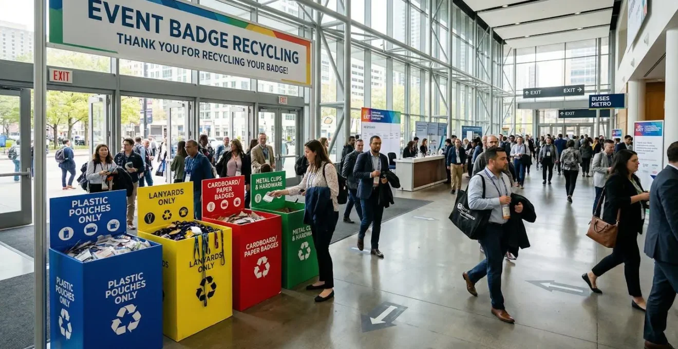 Vue large d'un espace de sortie d'événement avec urnes de récupération colorées pour différents types de badges