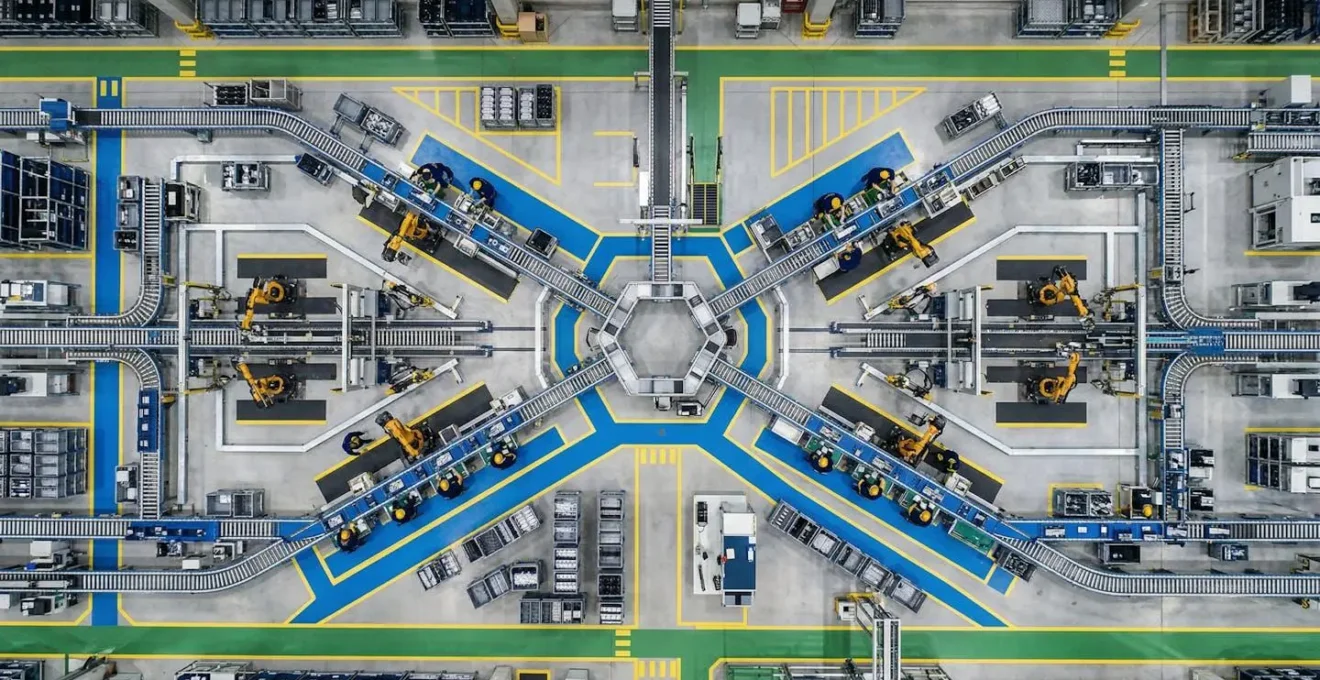 Vue aérienne d'une ligne de production automatisée avec perspective architecturale épurée