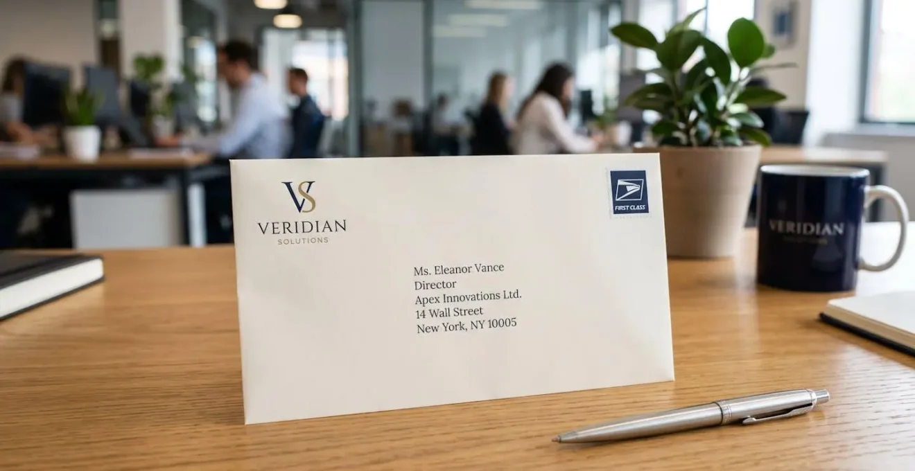 Main tenant une enveloppe professionnelle de qualité avec logo subtil dans un environnement de bureau