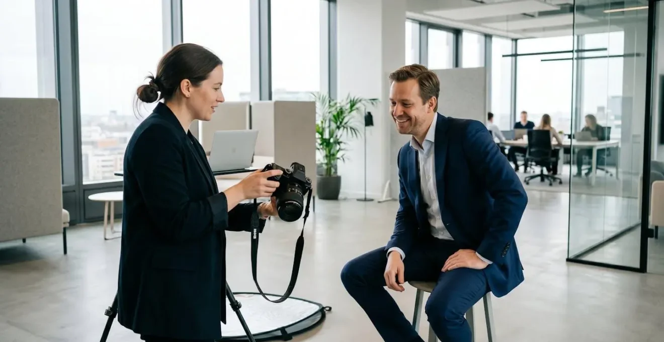 Photographe professionnel mettant à l'aise un collaborateur lors d'une séance portrait corporate