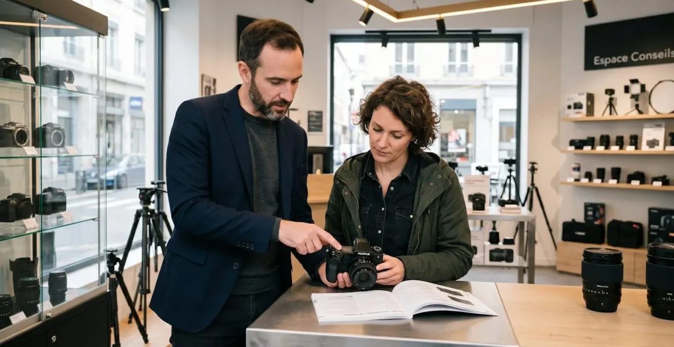 Conseiller technique et photographe professionnel consultant ensemble des spécifications d'un boîtier dans un showroom d'équipement photographique avec vitrines d'appareils en arrière-plan