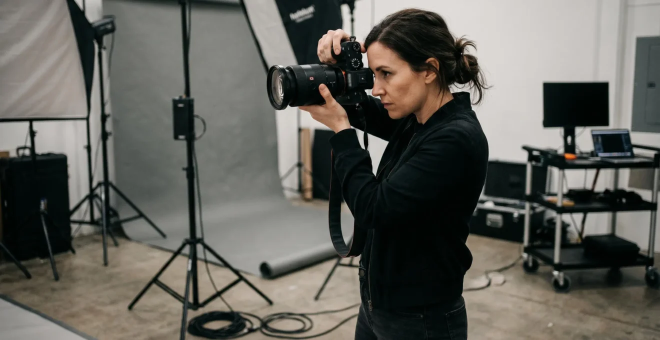 Photographe professionnel en action cadrant une scène avec un boîtier plein format haut de gamme dans un studio photo équipé d'éclairages professionnels