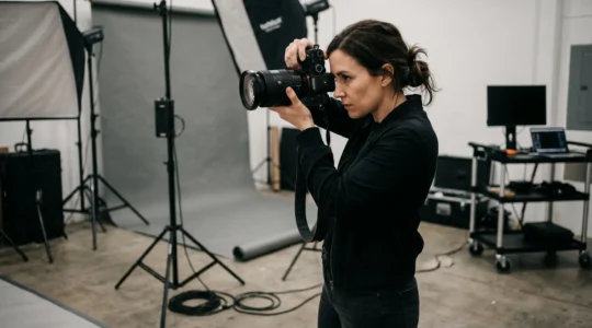 Photographe professionnel en action cadrant une scène avec un boîtier plein format haut de gamme dans un studio photo équipé d'éclairages professionnels