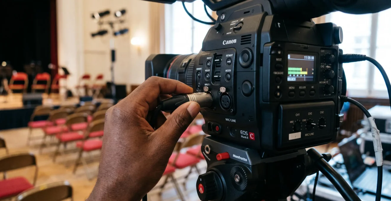Gros plan sur une main branchant un câble XLR sur l'entrée audio d'un caméscope professionnel monté sur trépied.
