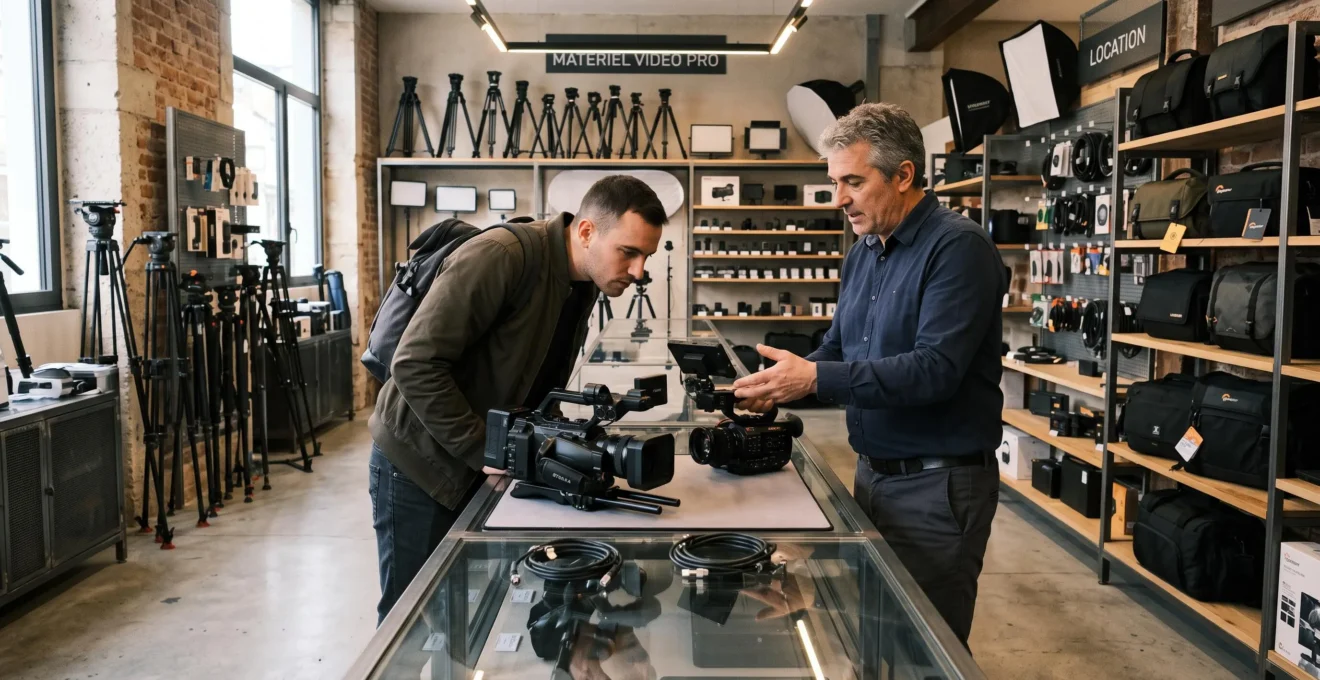 Un vendeur présente deux caméscopes professionnels à un client dans un magasin d'équipement vidéo.
