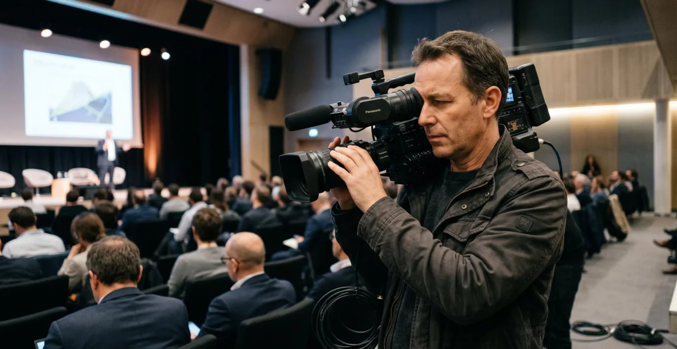 Un vidéaste filme une conférence avec un caméscope professionnel porté à l'épaule, dans une salle de séminaire remplie de spectateurs.