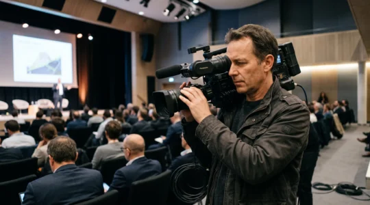 Un vidéaste filme une conférence avec un caméscope professionnel porté à l'épaule, dans une salle de séminaire remplie de spectateurs.