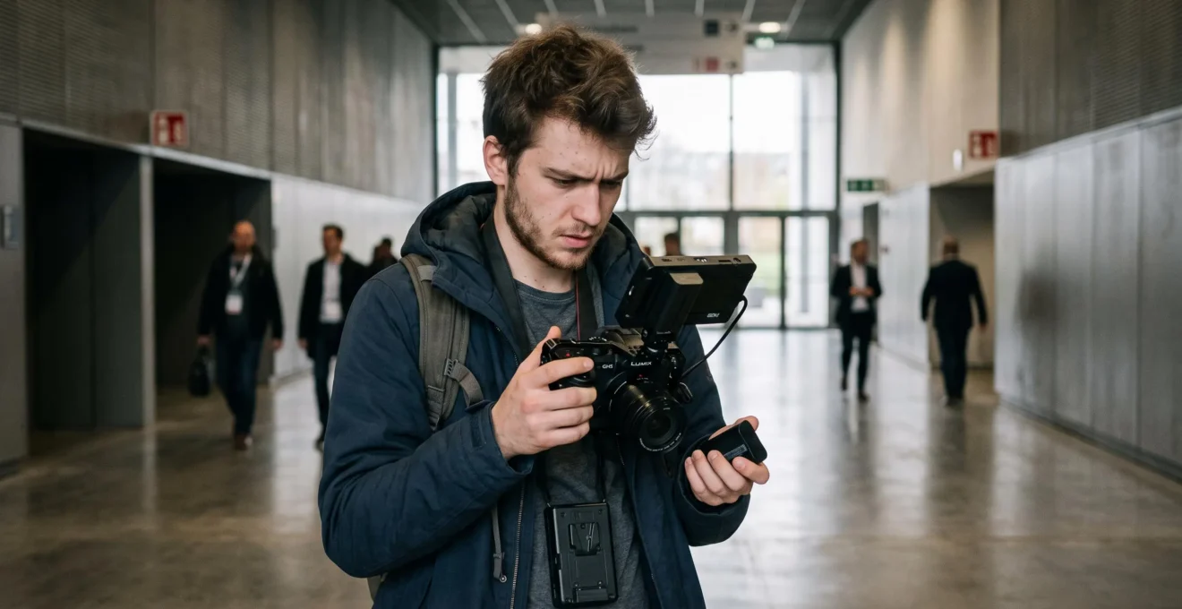 Un jeune vidéaste debout dans un couloir de centre de congrès vérifie l'écran de son appareil photo hybride en tenant une batterie de rechange.